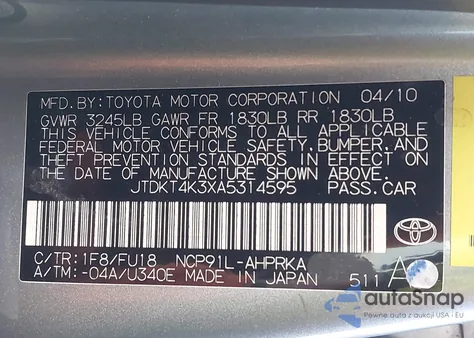 2010 Toyota Yaris из США, поврежденный, VIN JTDKT4K3XA5314595